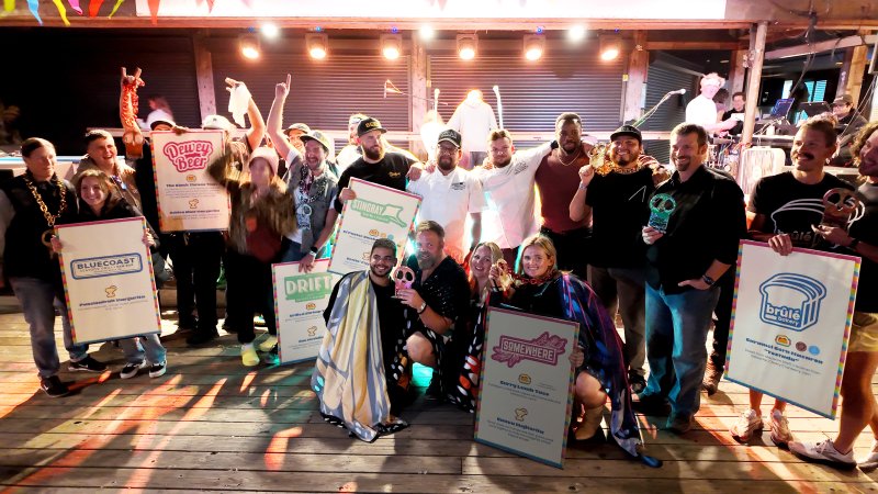 TacoMania winners gathered for a group photo are in back (l-r) Lo Tibbits and Jordan Schmidt of Dewey Beer Co., and Zane Kesler of Drift. In middle row are Ginger Breneman and Lyndsey Lewis, Bluecoast Rehoboth; Amber Carbino and Joe Slavinski, Drift; Ryan Minnick, Giovanni Ortiz, Eli Jackson, Neko McDonald and Armando Morales, Stingray; Travis Bower, winner of the Best in Show Skull; and Dru Tevis and Chase Cline, Brûlé Bakery owners. In front, representing Somewhere, are Brandon Rather, owners Kyle Ten Eyck and Aileen Hearn, and Marnie Rodgers. SUBMITTED PHOTOS